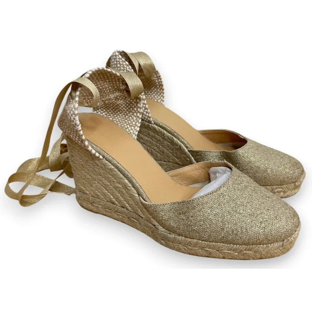 Castaner Carina Wedge Espadrilles Womens 38 7.5 Gold Wedges Sandals Lace Up New